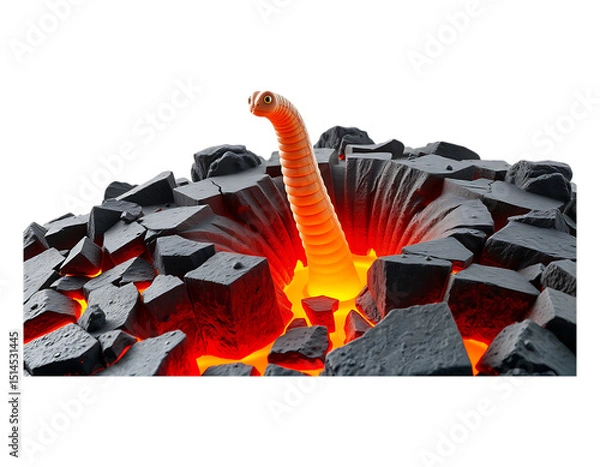 Fototapeta Giant Worm Emerging from a Fiery Hole in the Earth