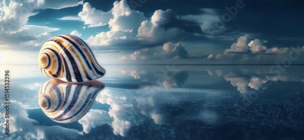 Obraz Striped seashell on reflective water surface with clouds in the sky. Realistic photography with natural lighting. Summer vacation and travel concept. Design for poster, print, wallpaper, postcard