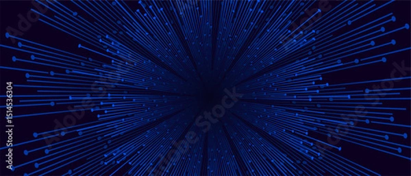 Fototapeta Blue lines with circles extend from a dark center