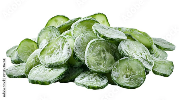 Fototapeta Pile of fresh cucumber slices covered in frost on a black background