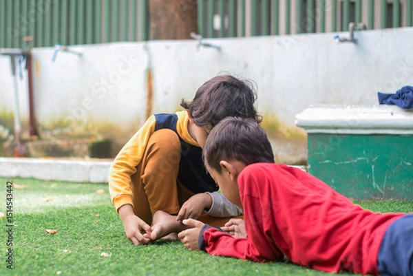 Obraz Portrait of two little children at park full of grass