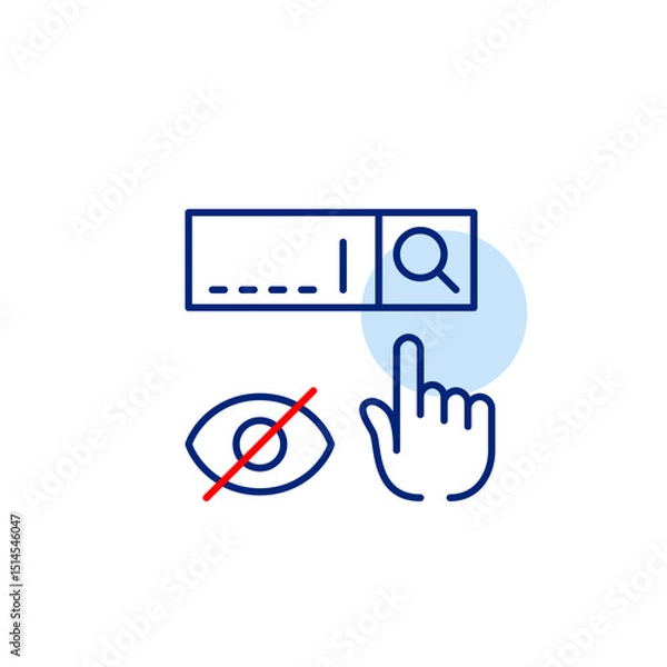 Obraz Vector icon of search bar with click and crossed-out eye, symbolizing hidden search, private browsing, or restricted query visibility. Ideal for privacy tools, search apps, and secure platforms