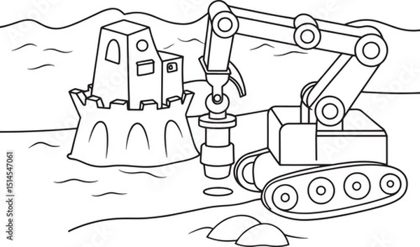 Obraz Robot Building a Sandcastle Coloring Page – Beach Scene Line Art for Kids