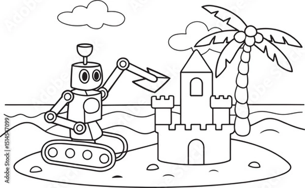 Obraz Robot Building Sandcastle on Tropical Beach Coloring Page