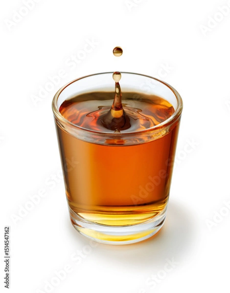 Fototapeta Drop falling into glass of whiskey or tequila creating splash on white background, capturing moment of impact and ripple effect