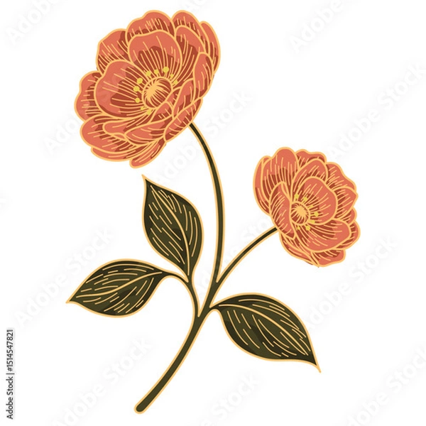 Obraz Vintage Hand-Drawn Floral Illustration – Botanical Line Art of Blooming Flowers and Leaves