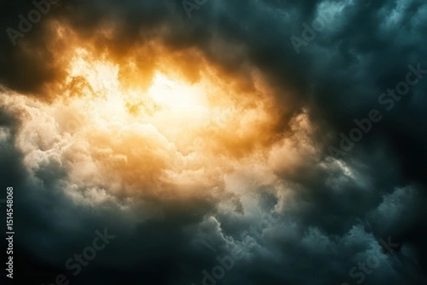 Fototapeta Sunlight breaking through dark stormy clouds during a dramatic weather shift, Sunlight Breaking Through Dark Stormy Clouds in Sky