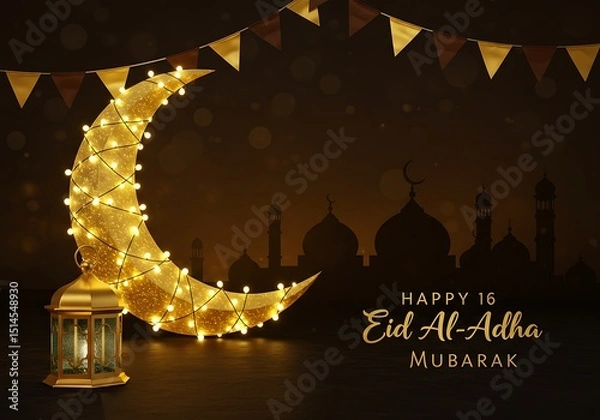 Fototapeta Happy eid al-adha mubarak with crescent moon, lantern and mosque