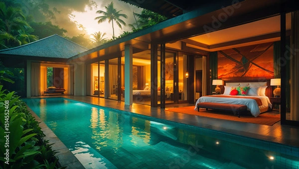 Fototapeta Luxurious hotel room with private pool at sunset