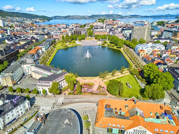 Obraz Aerial drone shot of the center of Bergen with small lake and park, Norway