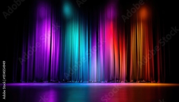 Fototapeta Colorful stage curtains illuminated by spotlights, a vibrant backdrop