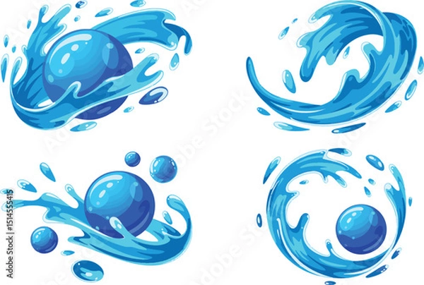 Fototapeta Water splash illustrations in vibrant shades of blue against a pure white background vector