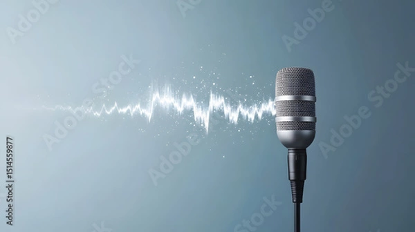 Obraz Microphone with voiceover soundwave fade effect on blue background, representing audio recording and sound technology in modern and dynamic style