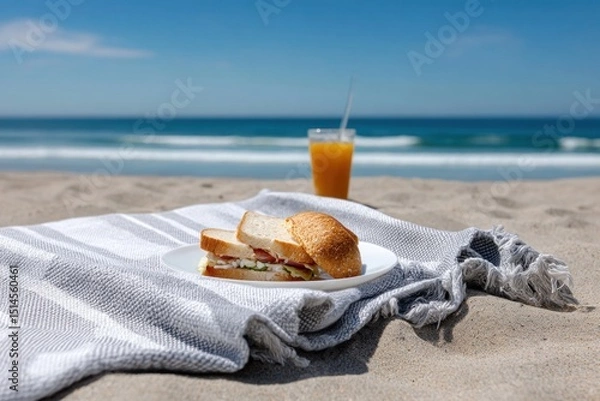 Fototapeta Having a delicious sandwich and juice on beach towel by the sea