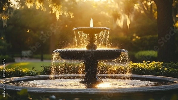 Fototapeta Tranquil view of a park fountain surrounded by greenery, with golden sunlight glimmering off the water droplets.