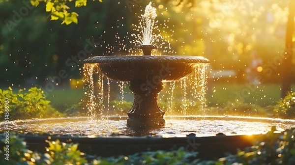 Fototapeta Tranquil view of a park fountain surrounded by greenery, with golden sunlight glimmering off the water droplets.