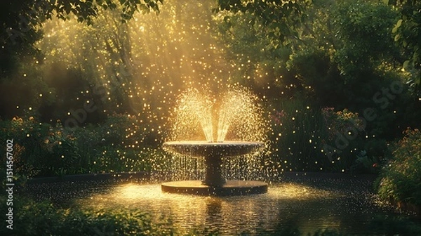 Fototapeta Tranquil view of a park fountain surrounded by greenery, with golden sunlight glimmering off the water droplets.