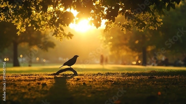 Fototapeta Bird perched on a tree branch, silhouetted against the golden glow of the rising sun in a quiet park.