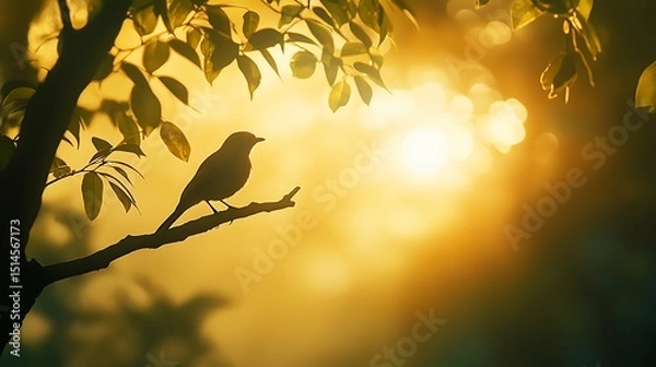 Fototapeta Bird perched on a tree branch, silhouetted against the golden glow of the rising sun in a quiet park.