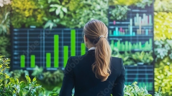 Fototapeta Businesswoman standing in front of a digital chart showing ESG performance with green nature elements blended into the design.