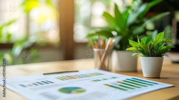 Fototapeta Clean, minimalist office with green potted plants and ESG reporting documents spread on a table, showing the harmony of nature and business.