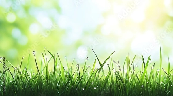 Fototapeta Close-up of fresh grass with morning dew drops sparkling under the soft sunlight in a serene park setting.