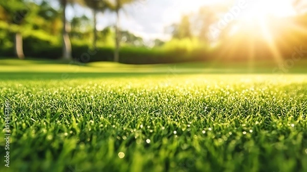 Fototapeta Close-up of fresh grass with morning dew drops sparkling under the soft sunlight in a serene park setting.