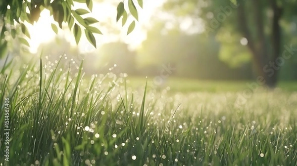 Fototapeta Close-up of fresh grass with morning dew drops sparkling under the soft sunlight in a serene park setting.