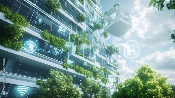 Fototapeta Conceptual design of a corporate building surrounded by a digital overlay of ESG indicators and nature symbols, emphasizing corporate sustainability.
