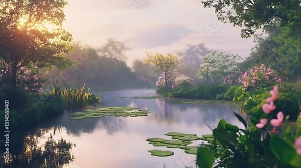 Fototapeta Tranquil lake surrounded by a park, with mist rising from the water and sunlight glistening on the surface.