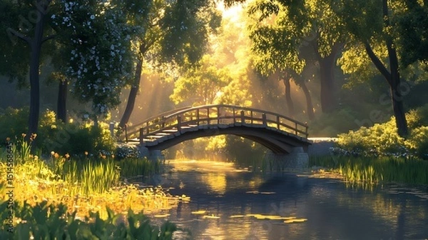 Fototapeta Quiet park bridge crossing a small stream, with golden sunlight reflecting off the water and illuminating the surrounding trees.