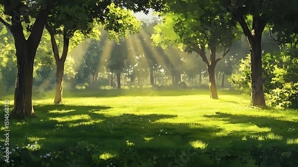 Fototapeta Serene park with tall trees casting long shadows on the dewy grass, illuminated by soft morning sunlight filtering through the foliage.