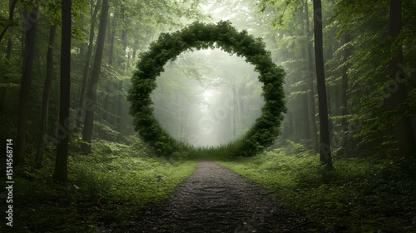 Obraz Foggy forest path leads to mysterious circular arch made of green foliage, creating surreal and enchanting atmosphere in dense woodland. scene feels magical and serene