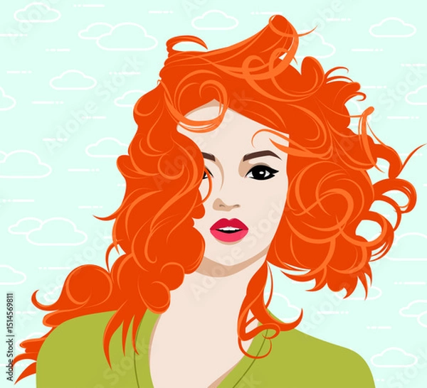 Fototapeta 1563_Beautiful redhead woman with long wavy flying hair against blue sky with pattern of clouds