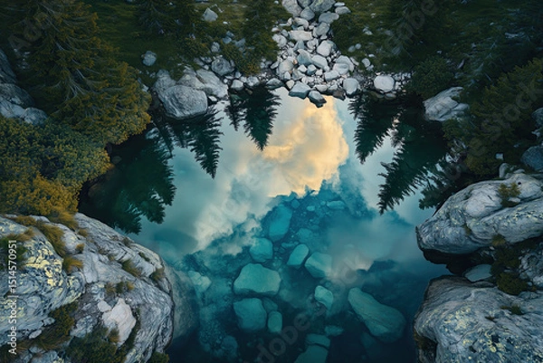 Fototapeta landscape with alpine lake reflecting trees and clouds in the sky, colorful nature, photorealistic