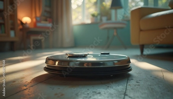Obraz An automated robotic vacuum cleaner navigates a living room, efficiently cleaning the floor and ensuring a tidy environment.