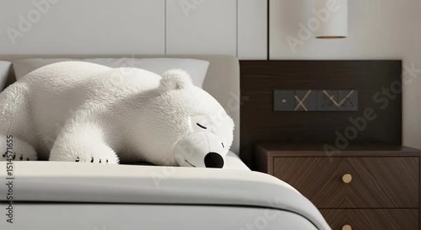 Obraz A plush polar bear sleeps soundly on a pristine bed, nestled within a cozy and elegantly designed bedroom, evoking feelings of comfort and tranquility. 