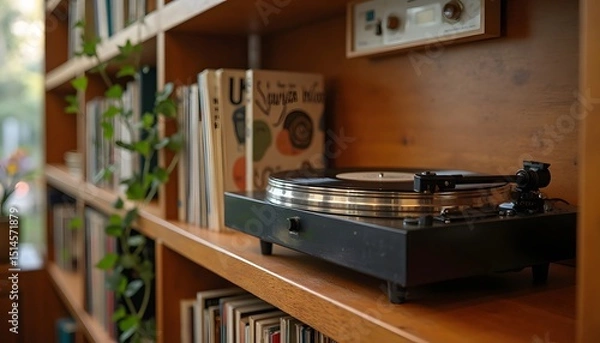 Obraz A vintage vinyl record player rests on a wooden shelf, flanked by a curated collection of books and lush green plants, creating a scene that radiates nostalgia.