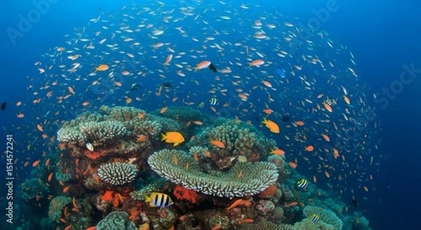 Obraz A vibrant underwater scene teeming with life, where a diverse school of fish dances around a colorful coral reef, creating a symphony of nature's artistry in the deep blue sea.
