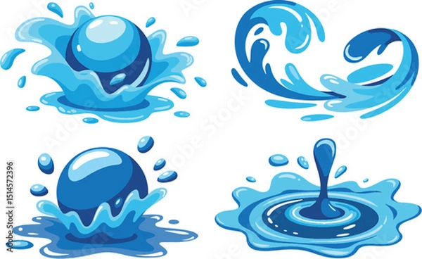 Fototapeta A set of four stylized water splash illustrations in vibrant shades of blue against a pure white background
