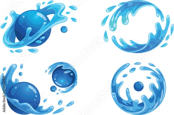 Fototapeta A set of four stylized water splash illustrations in vibrant shades of blue against a pure white background