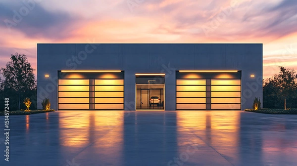 Fototapeta Minimalist garage with an industrial design, featuring exposed steel beams, a polished concrete driveway, and a picturesque sunset in the distance.