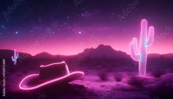 Obraz realistic photo of the desert where the cactus are made of neon light and a cowboy hat is made of neon lights