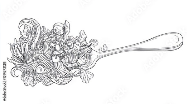 Fototapeta A detailed line drawing of pasta with vegetables on a fork