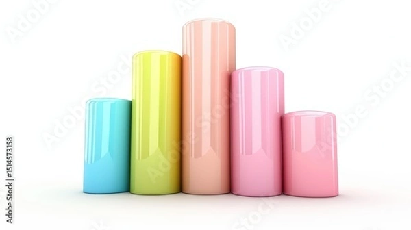 Fototapeta Colorful 3D bar chart with five rounded columns in pastel shades on a white background, representing data visualization and business analytics.
