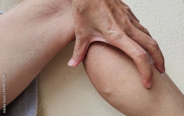 Fototapeta portrait the fingers holding the varicose veins and spider,problem vascular and edema, swelling and circulation of blood,calf and care,cramp and inflammation skin,health care and medical concept. 