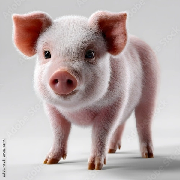Obraz Adorable pink piglet standing on a white background, looking dir