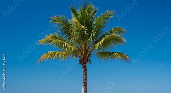 Fototapeta A single, vibrant green palm tree stands majestically tall, its feathery fronds spread wide against an expanse of brilliant, cloudless blue sky. 