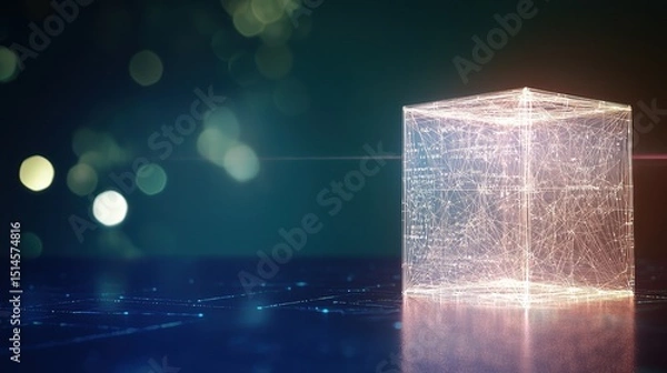 Fototapeta Abstract 3D Cube with Glowing Lines and Bokeh Background Effect