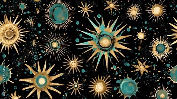 Fototapeta Golden Teal Celestial Sunburst Stars Seamless Pattern
